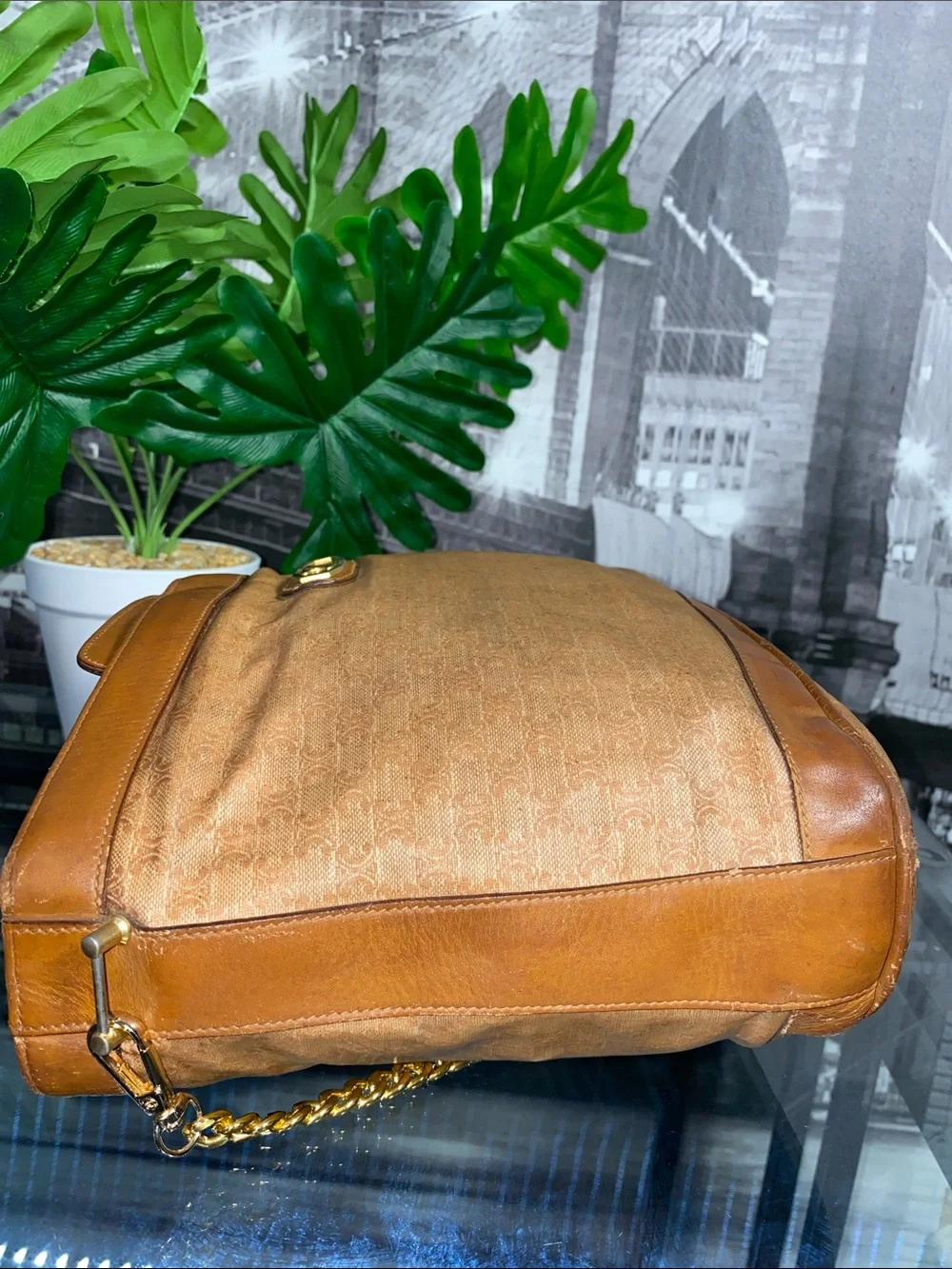 Authentic Vintage Celine Macadam Tan Brown coated Canvas & Leather Shoulder Bag